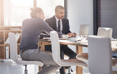 Fototapete - Business people, conversation and laptop with meeting, teamwork and collaboration of account manager. Company, internet and online with web planning, crm software and tech with office discussion