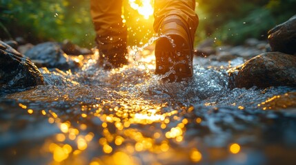 Poster - A person in sturdy boots walks through a clear creek, creating splashes as the sun sets, illuminating the water with golden hues amid lush greenery.