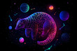 © Neon Gallery - A dynamic neon outline of a pangolin among glowing celestial bodies in deep space captured against a dark background.