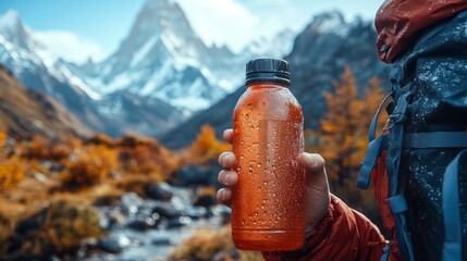 Poster - A person stands beside a clear stream, holding an orange water bottle, surrounded by majestic snow-capped mountains and vibrant autumn foliage.