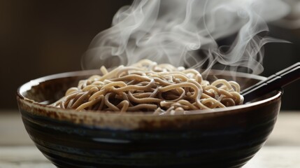 Wall Mural - A bowl of steaming buckwheat noodles a popular ingredient in Asian cuisine.