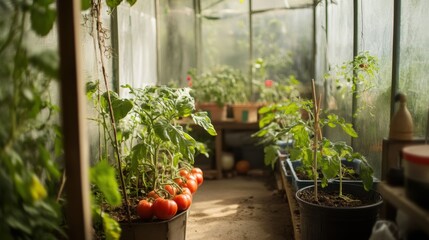 Poster - Lush plants of tomatoes, cucumbers, and peppers flourish inside a bright greenhouse, showcasing vibrant greenery and productivity. Generative AI