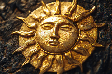 an Inca sun god symbol carved on a golden relic.