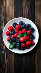 Wall Mural - Assortment of fresh blackberries, raspberries, and strawberries spills out of a white plate, adding a burst of color to a rustic wooden table