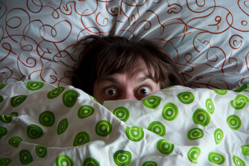 A person is anxiously hiding under a colorful polka dot blanket