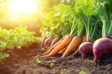 Aufkleber - Freshly harvested carrots, beets, and onions bask in warm sunlight, showcasing their vibrant colors in an organic garden setting. Generative AI