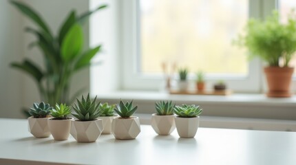 Photorealistic, a small indoor succulent garden in a modern apartment, succulents of various shapes and sizes in geometric pots, placed on a sleek white table, bright natural light coming