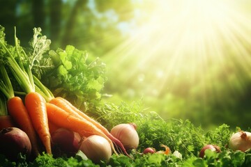Poster - Vibrant carrots, beets, and onions are illuminated by sunlight, showcasing their rich colors in a peaceful garden atmosphere. Generative AI