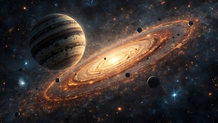 
An abstract depiction of outer space, with clusters of stars and planets set against a deep black void, planet and space

