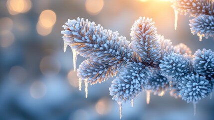 Poster - Frost-covered pine branches showcase glistening icicles as golden sunlight filters through the trees on a crisp winter morning.