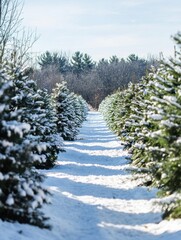 Poster - A serene pathway cuts through neatly arranged snowy trees under a clear blue sky, showcasing winter’s beauty in nature. Generative AI