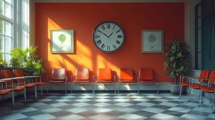 A waiting room with red chairs, a clock, and checkered floors.