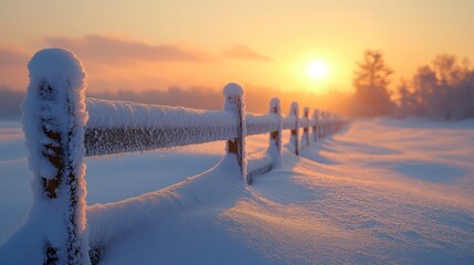 Aufkleber - A wooden fence is blanketed in fresh snow as the sun rises, casting a warm golden hue across the serene winter landscape, creating a peaceful atmosphere.