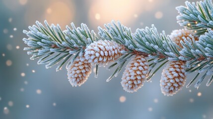 Aufkleber - A close-up of a frosted pine branch showcases snow-covered cones while gentle snowflakes fall in the air, reflecting the soft morning light.