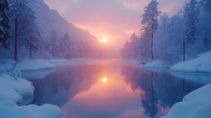 Poster - A soft pink and orange glow fills the sky as the sun rises above a peaceful river. Snow-covered trees surround the tranquil waters, reflecting the colors of dawn.