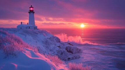 Poster - A snow-covered lighthouse stands tall by the coastline as the sun sets, casting vibrant colors across the sky. Waves crash against the rocks, enhancing the winter atmosphere.