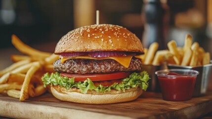 Aufkleber - Enjoy a flavorful burger with melted cheese, crisp lettuce, and juicy tomatoes, alongside golden fries ready to be devoured. Generative AI