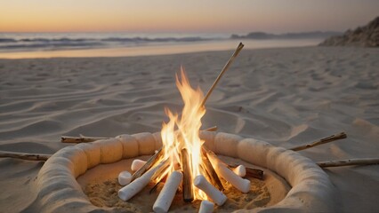 Campfire with marshmallows and sticks in the sand