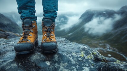 Poster - A person wearing bright hiking boots stands on a rocky outcrop, overlooking mist-covered mountains and valleys. The atmosphere is cool and cloudy, creating a serene outdoor adventure.