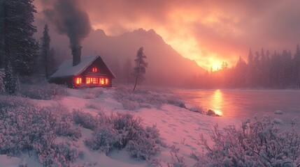 Aufkleber - A charming cabin exudes warm light against a backdrop of snow-covered mountains during sunset. The frozen lake reflects vibrant colors, creating a serene winter atmosphere.