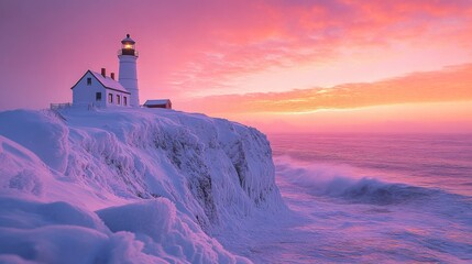 Poster - The lighthouse stands prominently on a snow-covered cliff as waves crash against the shoreline, illuminated by the soft hues of dawn. The sky is painted with vibrant colors.