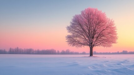 Poster - A solitary tree towers over a pristine, snow-covered landscape as dawn breaks, casting gentle pink tones across the frosty sky. The serene winter morning creates a tranquil atmosphere.