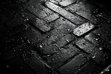 Dark, wet brick pavement showing reflections of light, evoking a moody, urban atmosphere.