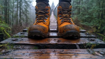 Poster - Amidst towering trees and dense mist, a hiker wearing bright orange boots stands firmly on a rustic wooden bridge, enjoying the tranquility of the forest.