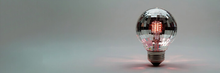 A light bulb with a disco ball decor on a light background