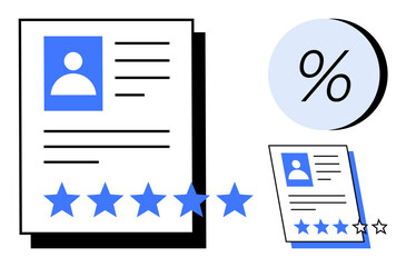 Employee performance review document, rating stars, and percentage icon. Ideal for HR evaluations, performance tracking, employee feedback, annual reviews, company assessments, productivity analysis