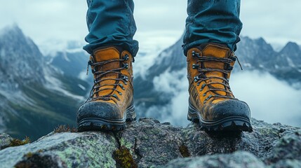 Poster - A hiker confidently stands on rugged rocks, showcasing durable hiking boots. Towering mountains rise behind, shrouded in mist and clouds, creating an adventurous atmosphere.