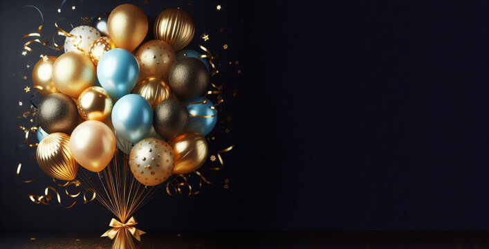 Bunch of golden, silver and blue balloons on black background with copy space