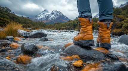 Aufkleber - A hiker is positioned in a river, focused on navigating through the water, wearing durable boots. Majestic mountains loom in the background under a cloudy sky.