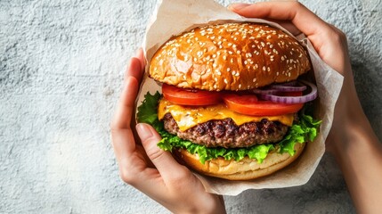 Poster - A person holds a delicious cheeseburger loaded with lettuce, tomato, and onion, ready to be enjoyed during a midday meal. Generative AI