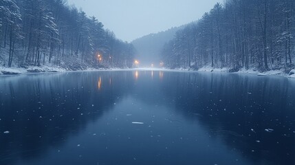 Leinwandbilder - A tranquil river flows through a snow-covered landscape at dusk, surrounded by dark trees. Soft lights reflect on the still water's surface, creating a serene winter ambiance.