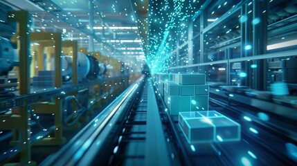 Poster - Automated assembly line managing production with holographic boxes and digital data visualization in a smart factory, representing the future of industrial manufacturing