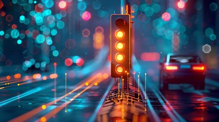 Poster - Self driving cars navigating a futuristic city at night, guided by an advanced traffic management system, showcasing the potential of smart city technology and autonomous vehicles