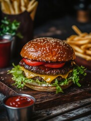 Poster - Savor the flavors of a juicy burger topped with melted cheese, lettuce, tomatoes, and sauce, served alongside golden fries. Generative AI