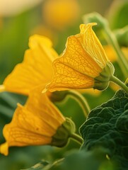 Poster - Bright yellow squash flowers bloom among lush green leaves, highlighting the beauty of nature in a morning garden setting. Generative AI