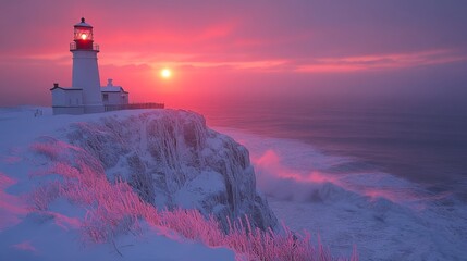 Aufkleber - The lighthouse perched on snowy cliffs overlooks strong waves as a vibrant pink sunset fills the sky, creating a serene winter atmosphere by the sea.