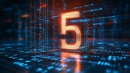 Poster - A glowing digital number five illuminated against a high tech blue and orange background in a futuristic setting
