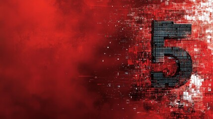 Poster - Bold digital design featuring the number five on a vibrant red background with abstract shapes and textures