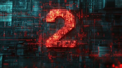 Poster - Digital abstract representation featuring the number two in glowing red with a dark, technological background