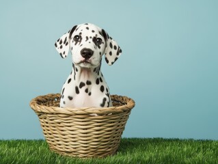 Cute dog Dalmatian  puppy sitting in a wicker basket on grass, isolated over a blue background with copy space for your text or product.