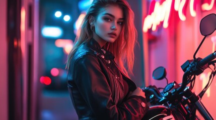 Poster - beautiful woman in leather jacket standing next to motorcycle, city street neon lights, fashion photography, professional lighting, cinematic, bokeh effect