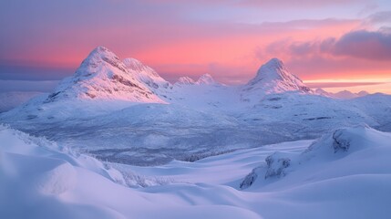 Poster - A captivating twilight view features majestic snow-covered peaks illuminated by a stunning pink and purple sunset. The serene winter landscape offers a peaceful atmosphere.
