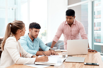 Poster - Business people, meeting and documents with laptop for discussion, company policy or strategy at office. Young, group or designers with paperwork or computer for team planning together at workplace
