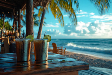 Two glasses of drinks sitting on a wooden table on the beach