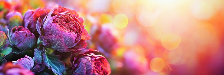 Poster - Delicate flowering cabbage plants display rich colors while soaking in the golden sunlight on a serene spring afternoon. Generative AI