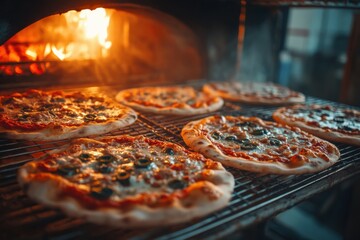Poster - Pizzas are placed on a wire rack in a blazing oven, bubbling with cheese and toppings, creating a delicious cooking atmosphere. Generative AI